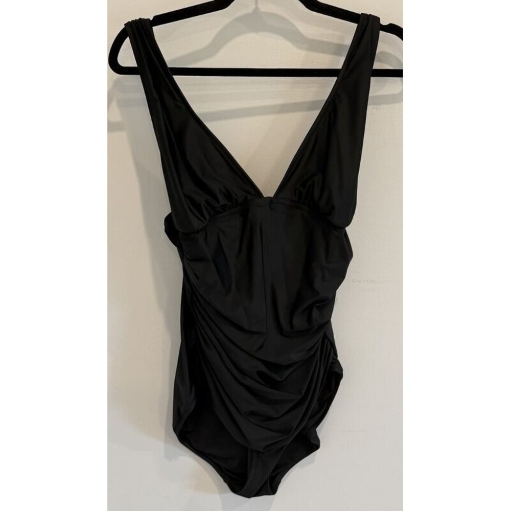 J Crew Womens Solid Black Ruched Sides Plunge One Piece‎ Swimsuit Size 14